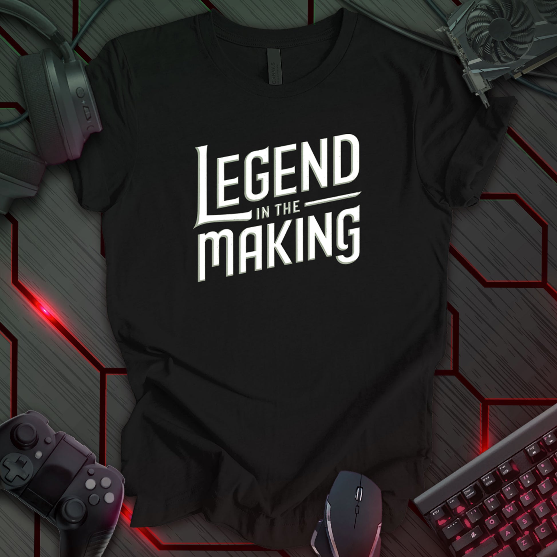 Black gaming t-shirt featuring bold white text reading 'Legend in the Making' in a sleek, modern typographic design.