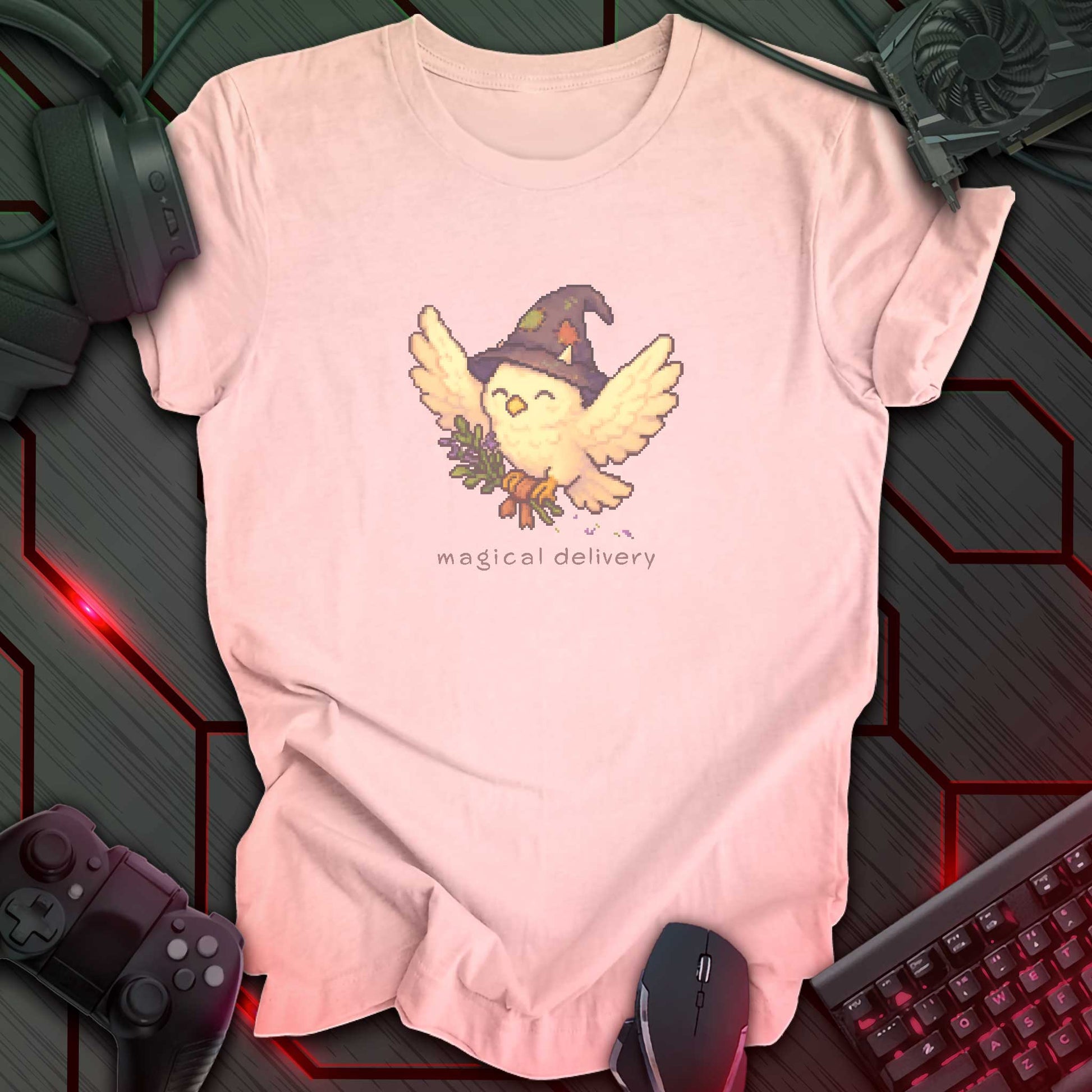 Pixel art white owl with wizard hat carrying herbs, flying with text “Magical Delivery”. Soft pink background.