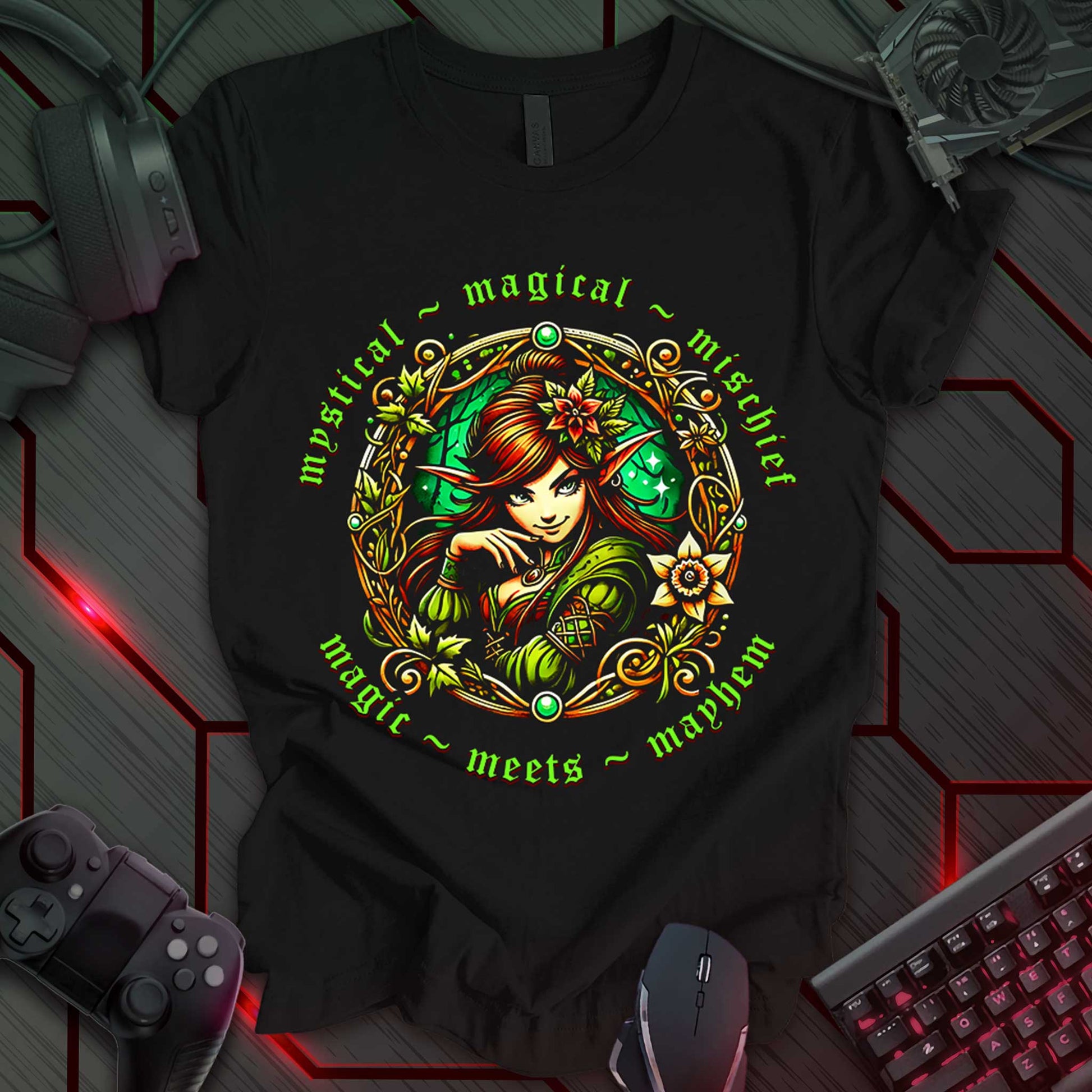 Illustration of a female elf with pointed ears, long brown hair adorned with a red flower, and green clothing, centered within a circular frame with ornate vine and leaf patterns. The elf has a thoughtful expression and rests her chin on her hand. The illustration is rendered in shades of green, brown, red, and gold against a black background. Around the frame are the words 'magical,' 'mystical,' and 'mischief' in a stylized font. This is a fantasy illustration of an elf character with accompanying text.