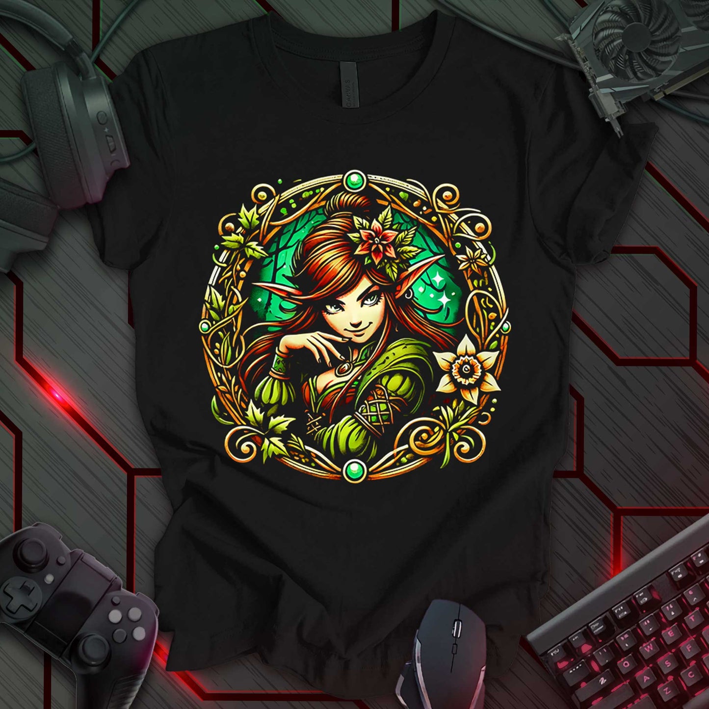 Illustration of a female elf with pointed ears, long brown hair adorned with a red flower, and green clothing, centered within a circular frame with ornate vine and leaf patterns. The elf has a thoughtful expression and rests her chin on her hand. The illustration is rendered in shades of green, brown, red, and gold against a black background. This is a fantasy-themed illustration of an elf character.