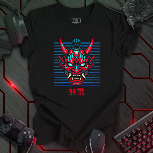 Blue and red cyber oni pixel art mask with glowing eyes – retro gaming black t-shirt with Japanese kanji for impermanence