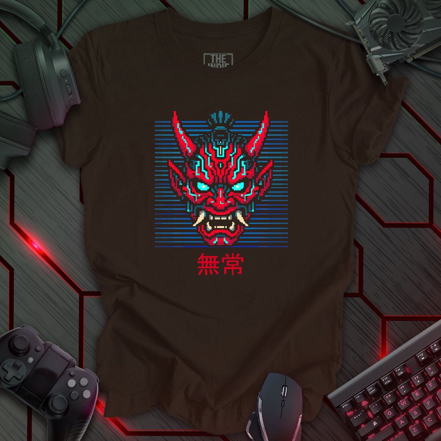 Blue and red cyber oni pixel art mask with glowing eyes – retro gaming brown t-shirt with Japanese kanji for impermanence