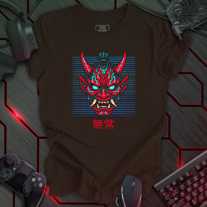 Blue and red cyber oni pixel art mask with glowing eyes – retro gaming brown t-shirt with Japanese kanji for impermanence