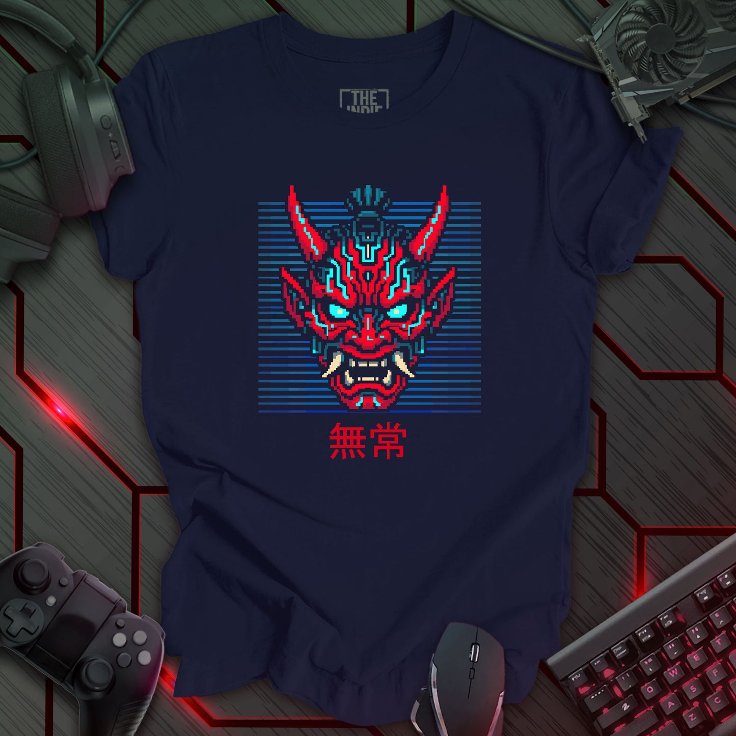 Blue and red cyber oni pixel art mask with glowing eyes – retro gaming navy t-shirt with Japanese kanji for impermanence