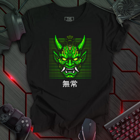 Green and white pixel art cyber oni mask with glowing eyes – retro gaming black t-shirt featuring Japanese kanji for impermanence