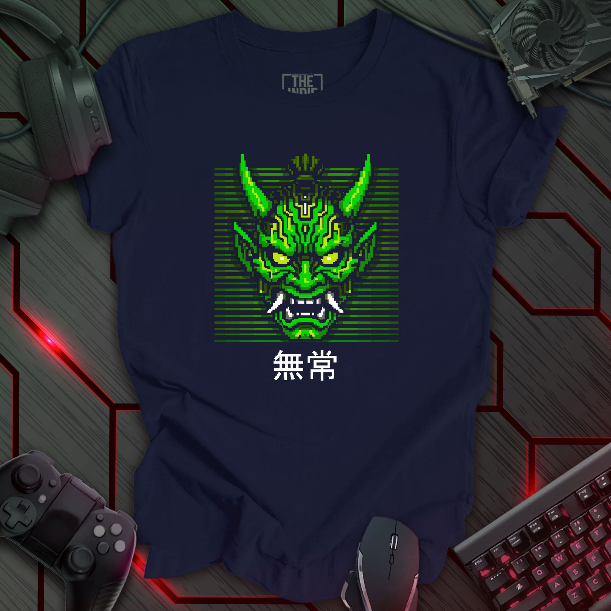 Green and white pixel art cyber oni mask with glowing eyes – retro gaming navy color t-shirt featuring Japanese kanji for impermanence