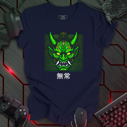 Green and white pixel art cyber oni mask with glowing eyes – retro gaming navy color t-shirt featuring Japanese kanji for impermanence