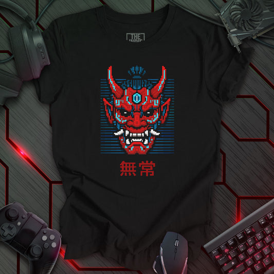 Red and blue cyber oni mask pixel art with glowing eyes – retro gaming black t-shirt design inspired by glitch and impermanence