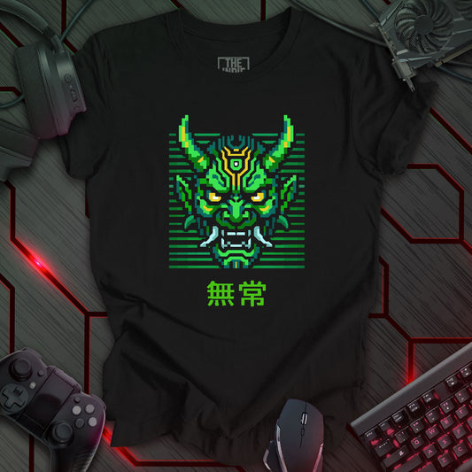 Green and yellow pixel art cyber oni mask with glowing eyes – retro gaming black t-shirt with Japanese kanji for impermanence