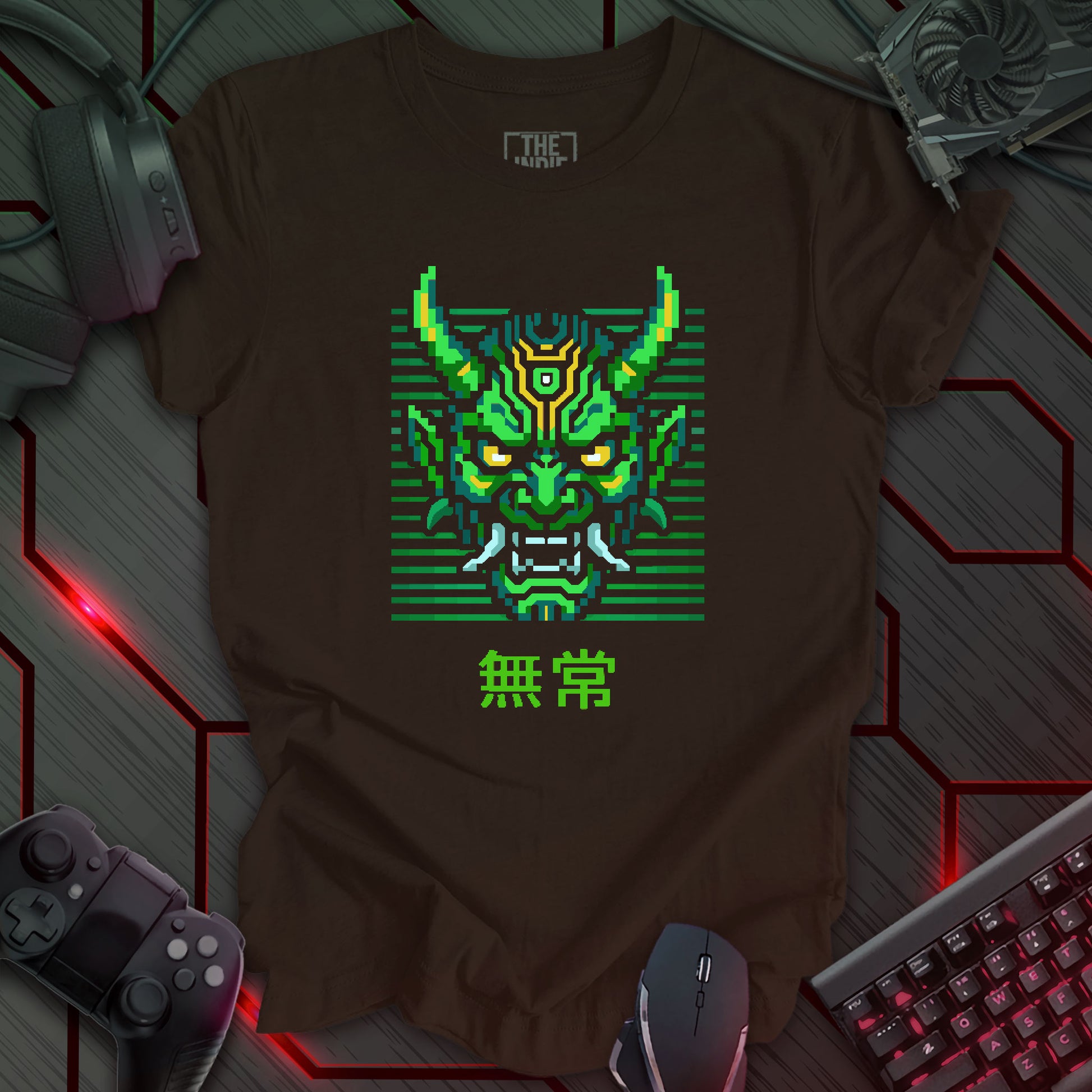 Green and yellow pixel art cyber oni mask with glowing eyes – retro gaming brown t-shirt with Japanese kanji for impermanence