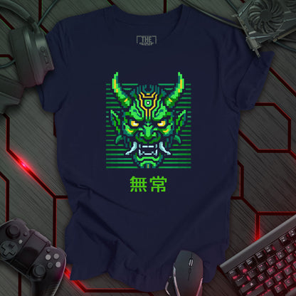 Green and yellow pixel art cyber oni mask with glowing eyes – retro gaming navy color t-shirt with Japanese kanji for impermanence
