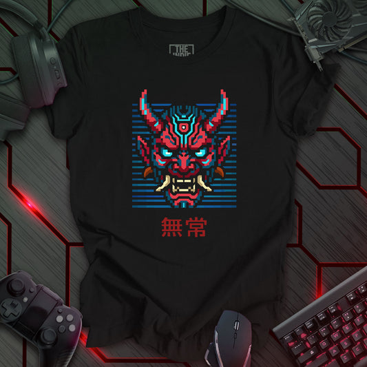 Red and blue pixel art cyber oni mask with glowing eyes – retro gaming black t-shirt featuring Japanese kanji for impermanence