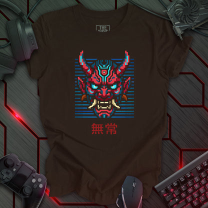 Red and blue pixel art cyber oni mask with glowing eyes – retro gaming brown t-shirt featuring Japanese kanji for impermanence