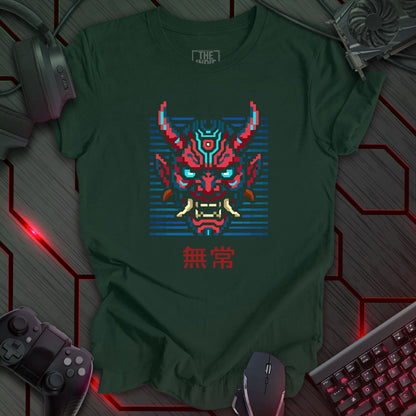 Red and blue pixel art cyber oni mask with glowing eyes – retro gaming forest green t-shirt featuring Japanese kanji for impermanence