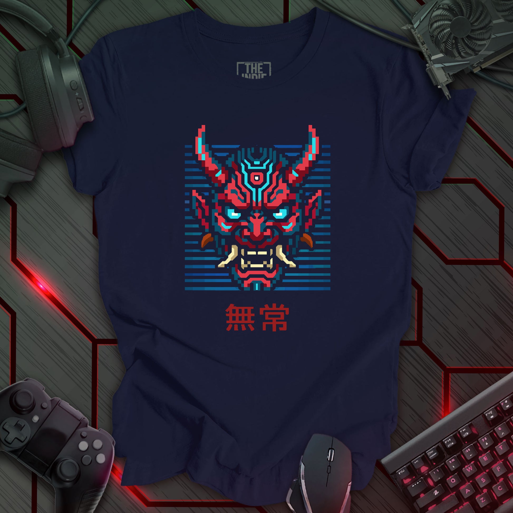 Red and blue pixel art cyber oni mask with glowing eyes – retro gaming navy color t-shirt featuring Japanese kanji for impermanence