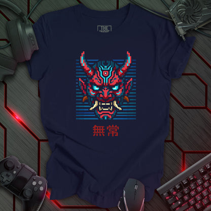 Red and blue pixel art cyber oni mask with glowing eyes – retro gaming navy color t-shirt featuring Japanese kanji for impermanence