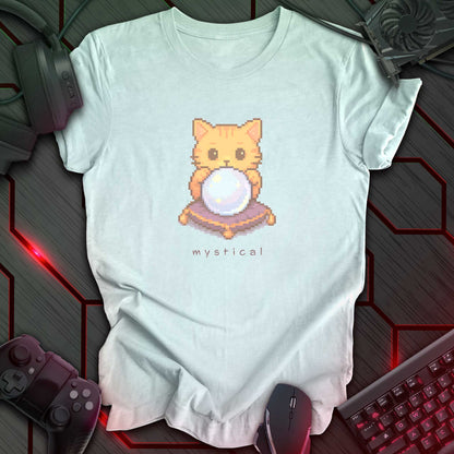 Pixel art orange cat holding glowing crystal ball with “Mystical” text underneath. Heather ice blue background.