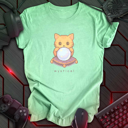Pixel art orange cat holding glowing crystal ball with “Mystical” text underneath. Heather mint green background.
