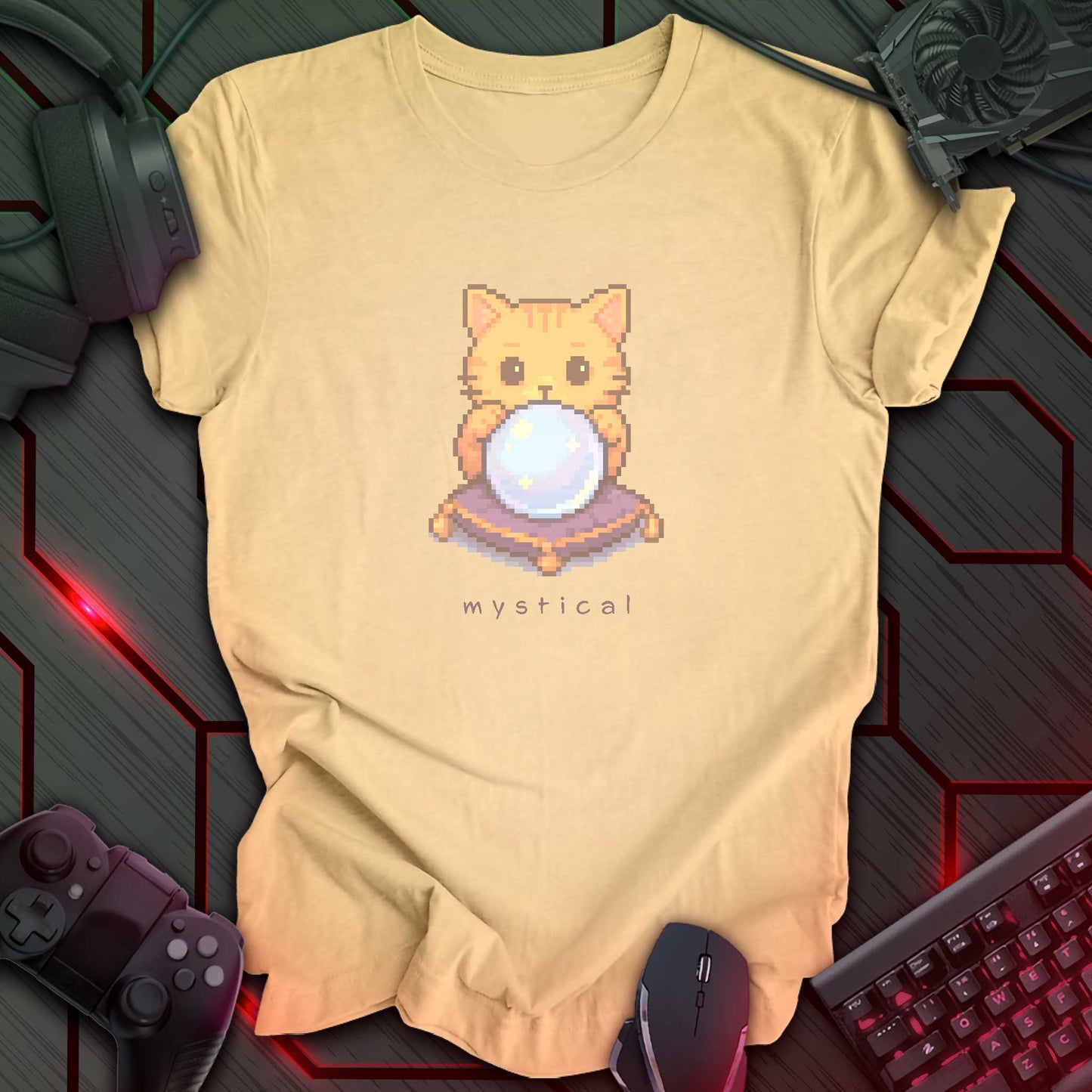 Pixel art orange cat holding glowing crystal ball with “Mystical” text underneath. Soft cream background.