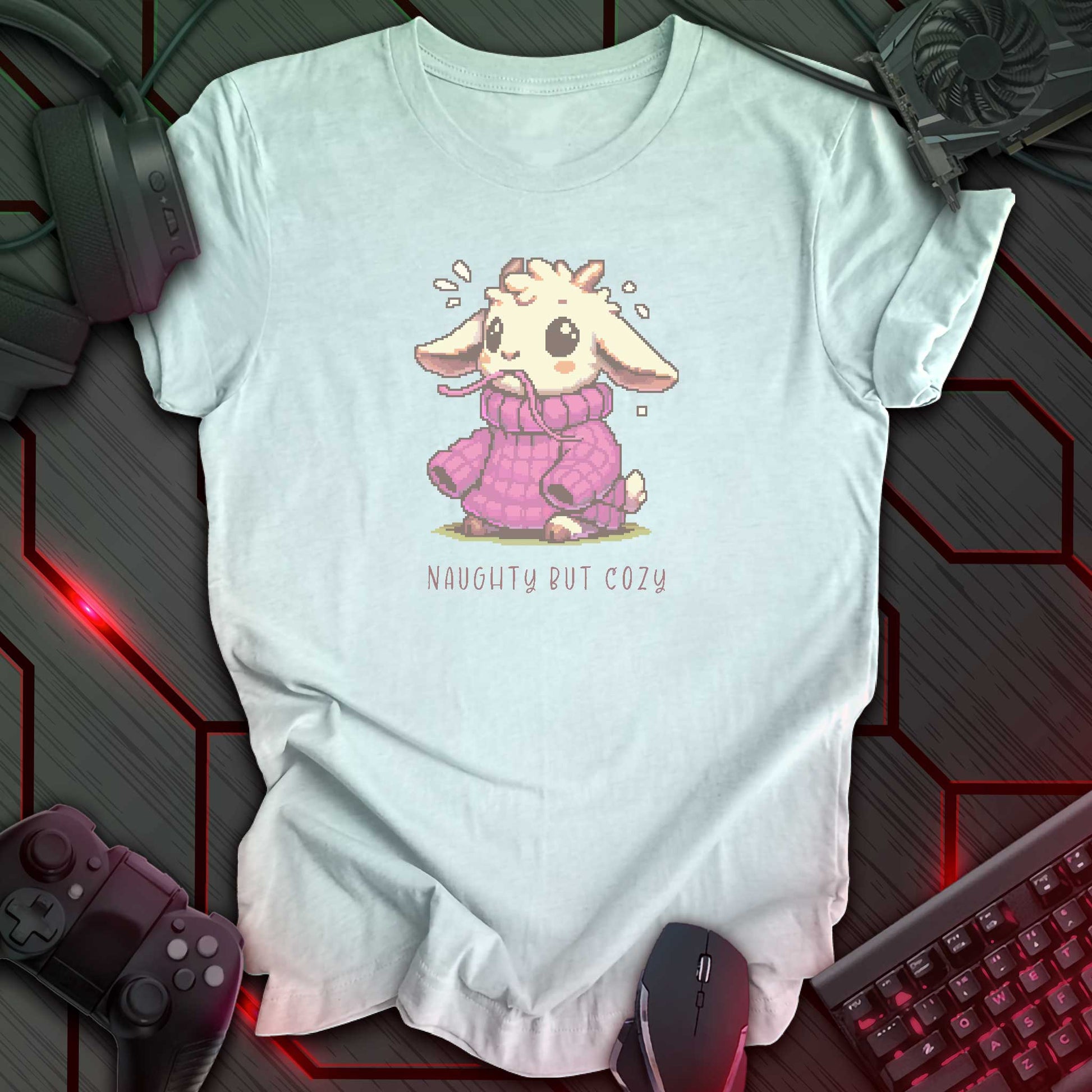 Pixel art goat in oversized purple sweater with “Naughty But Cozy” text underneath. Heather ice blue background.