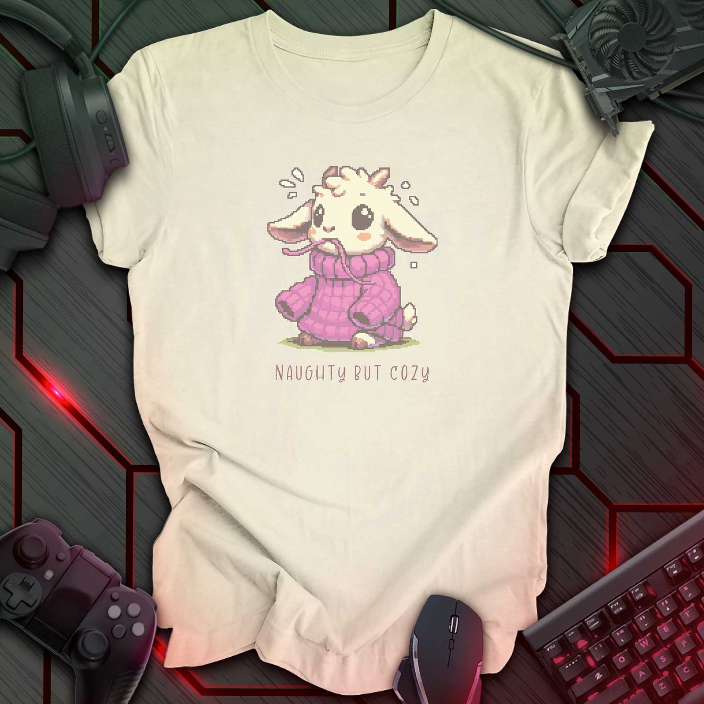 Pixel art goat in oversized purple sweater with “Naughty But Cozy” text underneath. Natural color background.
