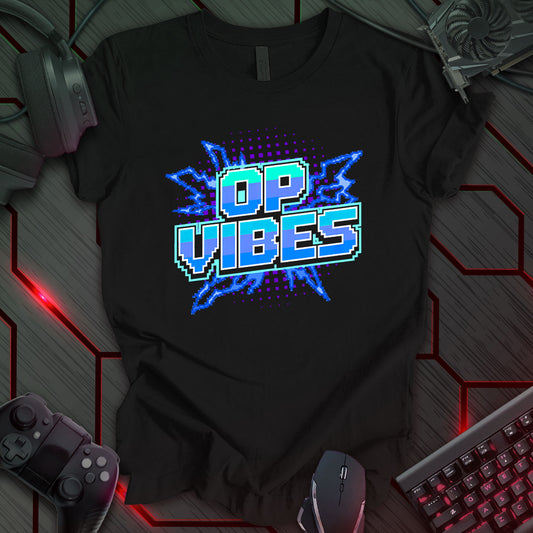 Graphic design featuring the text 'OP VIBES' in a bold, pixelated font, rendered in shades of blue and purple with a white outline. The text is centered against a black background with stylized blue and purple lightning bolt accents and scattered small pixelated squares. This is a design with a retro, pixel art aesthetic.