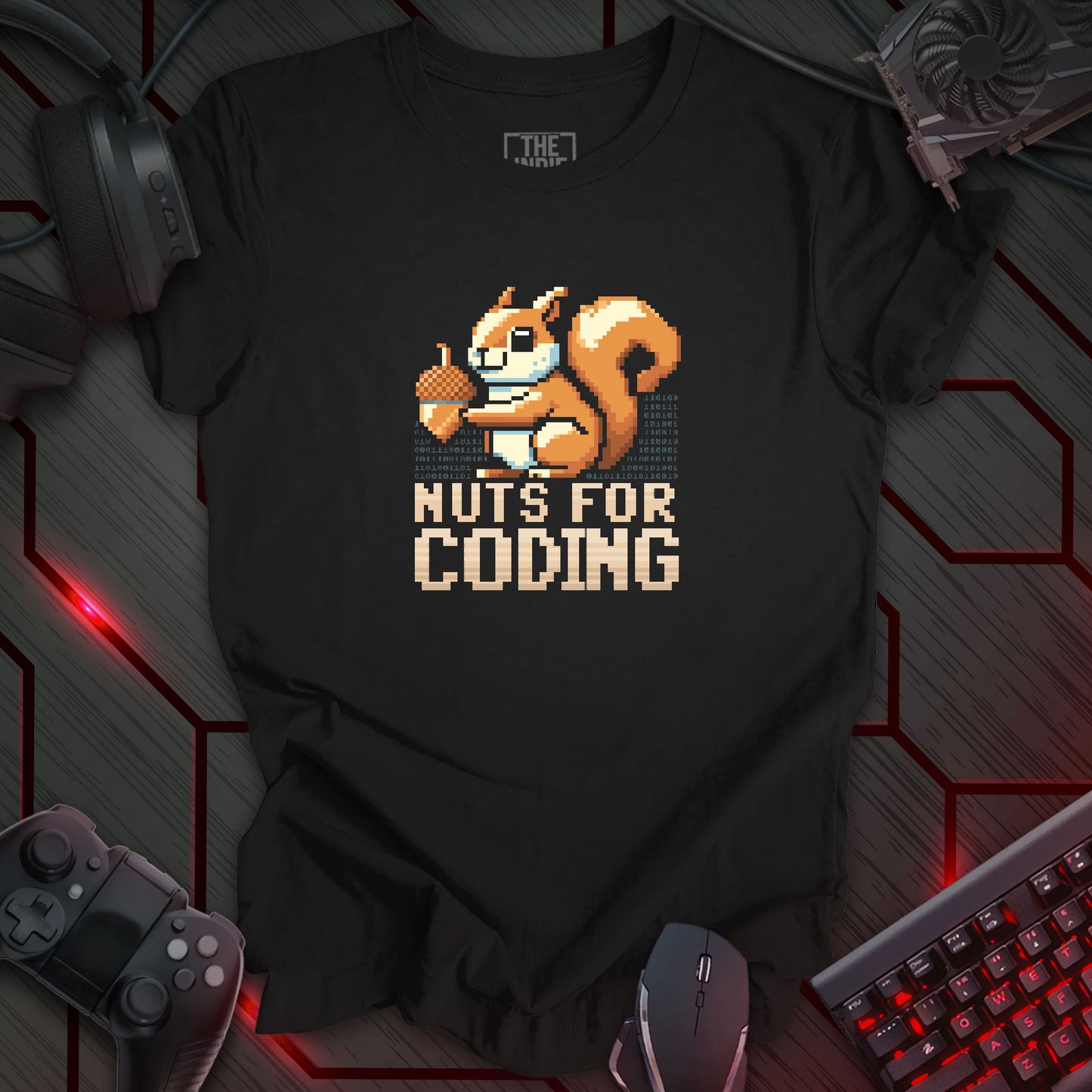 pixel art cute brown squirrel holding an acorn in front of lines of binary code. The words "NUTS FOR CODING" is written in a bold pixel art lettering.  Black background.