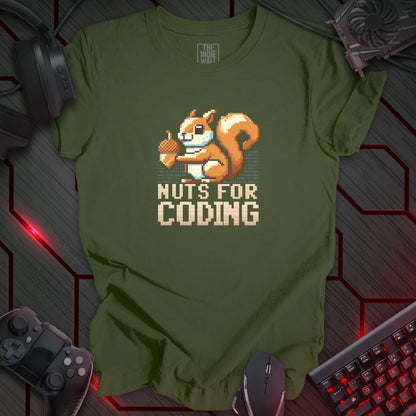 pixel art cute brown squirrel holding an acorn in front of lines of binary code. The words "NUTS FOR CODING" is written in a bold pixel art lettering.  Military green background.