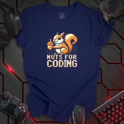 pixel art cute brown squirrel holding an acorn in front of lines of binary code. The words "NUTS FOR CODING" is written in a bold pixel art lettering.  Navy background.