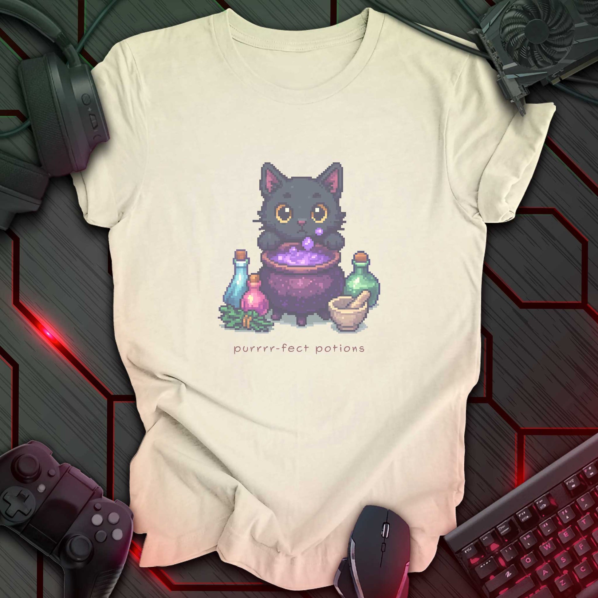 Pixel art black cat brewing purple potion in cauldron with bottles, herbs, and text “Purrrr-fect Potions.” Natural color background.