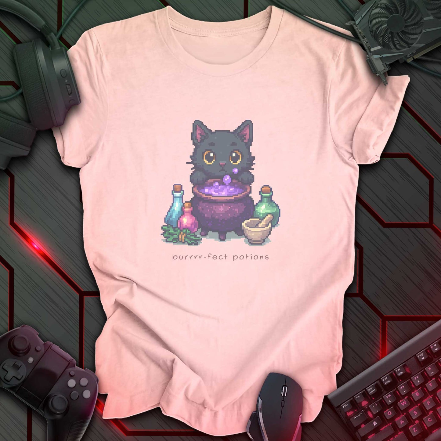 Pixel art black cat brewing purple potion in cauldron with bottles, herbs, and text “Purrrr-fect Potions.” Soft pink background.