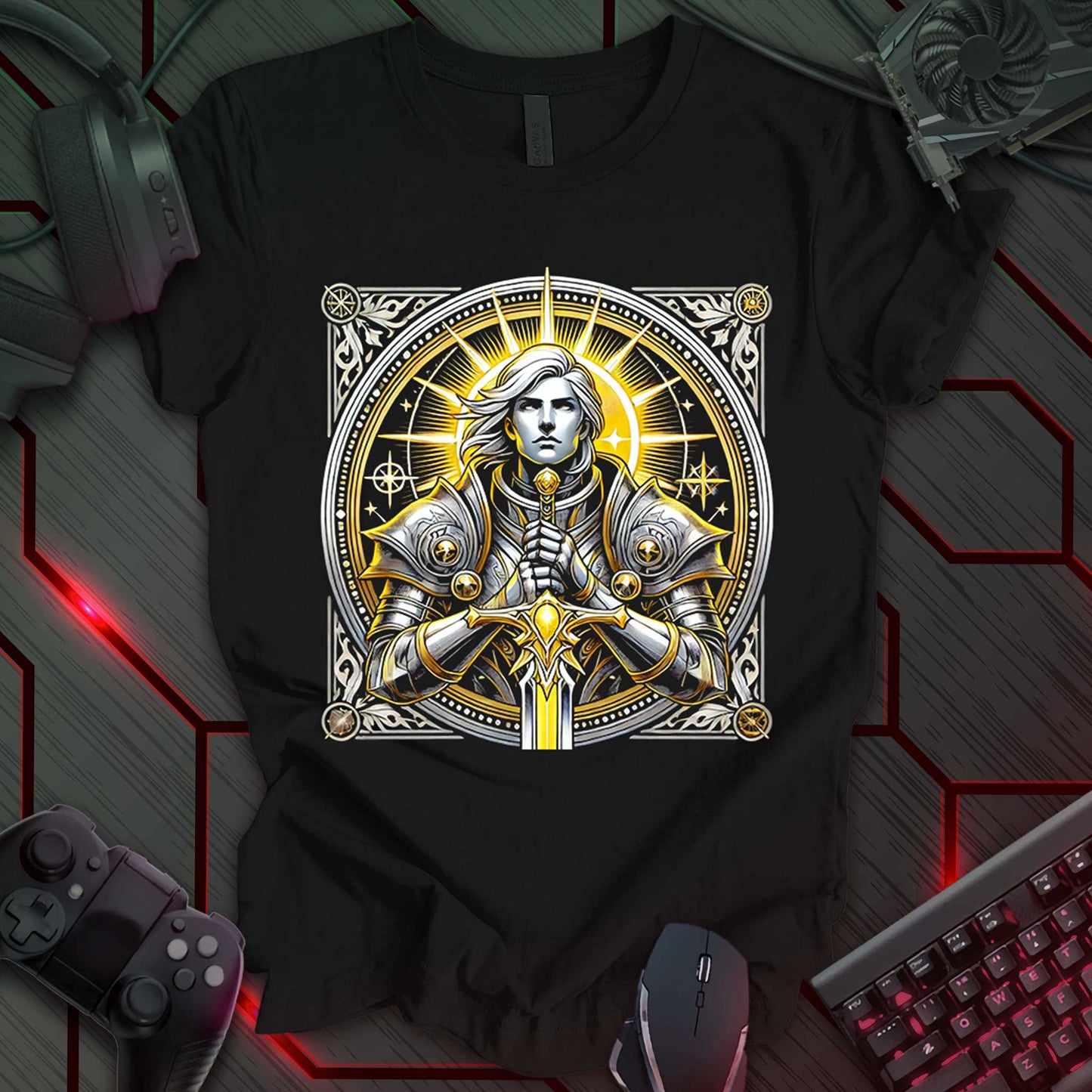 Black gaming t-shirt featuring a shining paladin warrior clad in ornate gothic armor, gripping the hilt of a mighty sword with both hands. The design is framed by an imperial circular border set within a square frame adorned with intricate filigree, perfect for RPG and fantasy gaming fans.