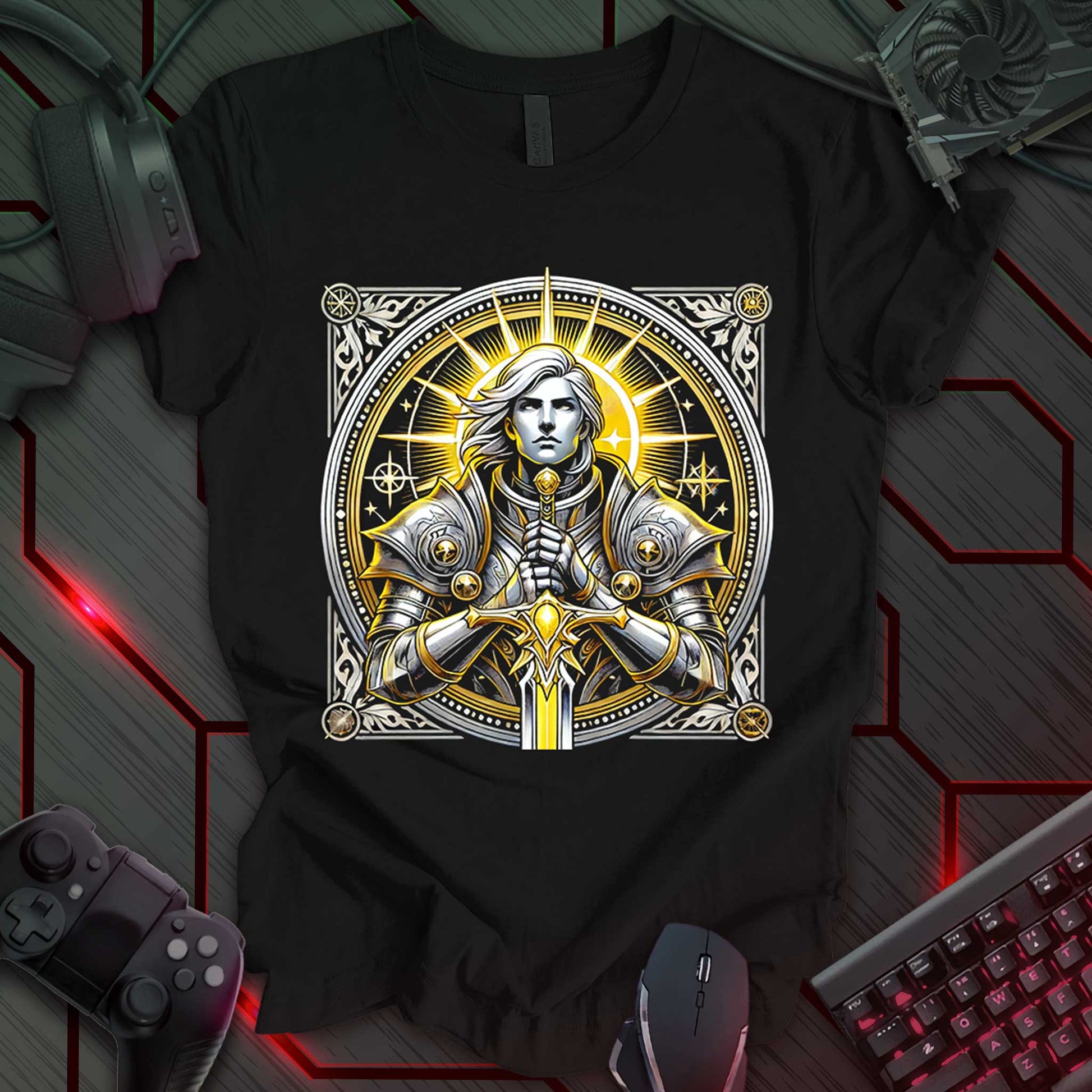 Black gaming t-shirt featuring a shining paladin warrior clad in ornate gothic armor, gripping the hilt of a mighty sword with both hands. The design is framed by an imperial circular border set within a square frame adorned with intricate filigree, perfect for RPG and fantasy gaming fans.