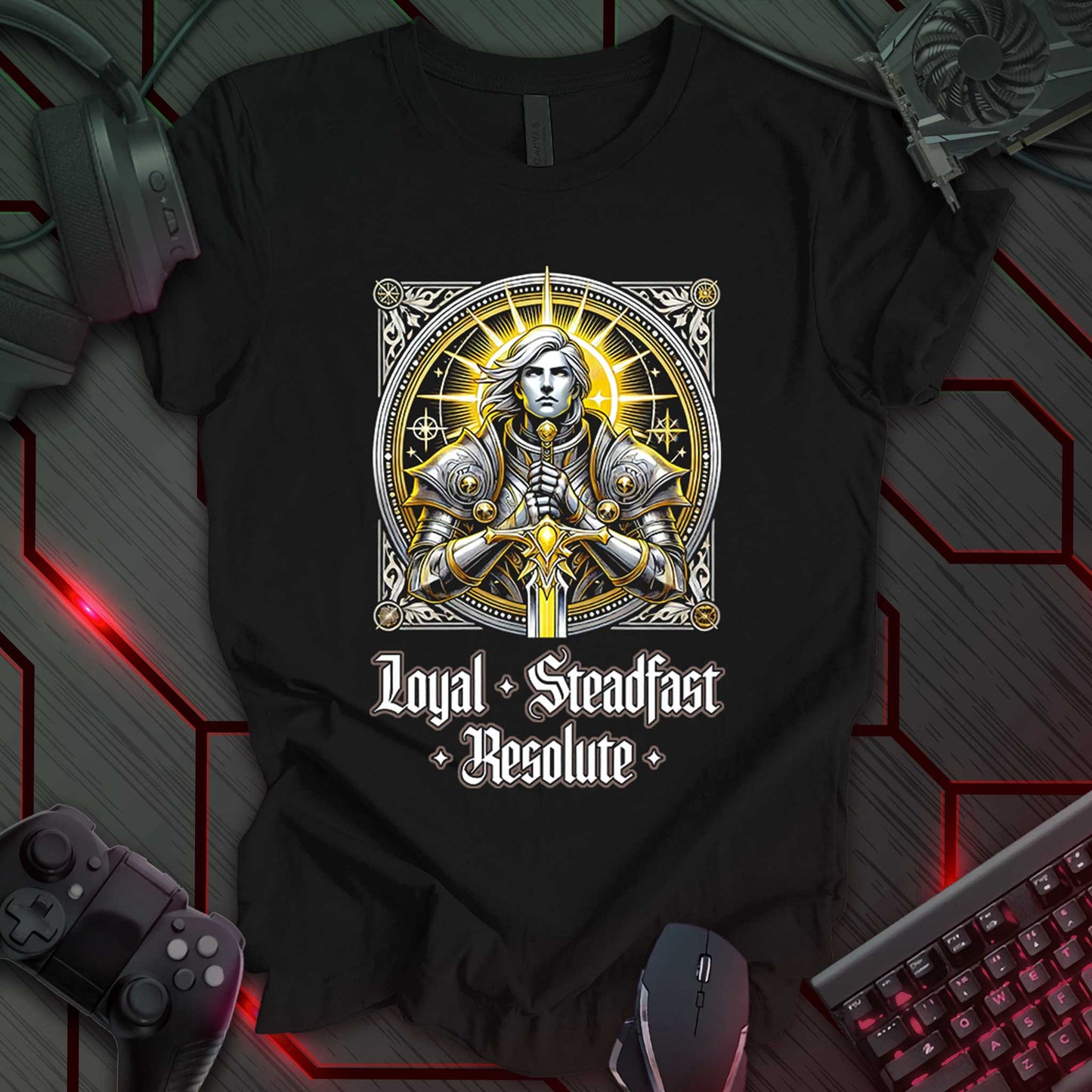 Black gaming t-shirt featuring a radiant paladin warrior clad in ornate gothic armor, gripping the hilt of a mighty sword with both hands. The portrait is framed by an imperial circular border set within a square frame adorned with intricate filigree. Below the design, elegant gothic text reads 'Loyal • Steadfast • Resolute,' making it a perfect choice for RPG and fantasy gaming fans.