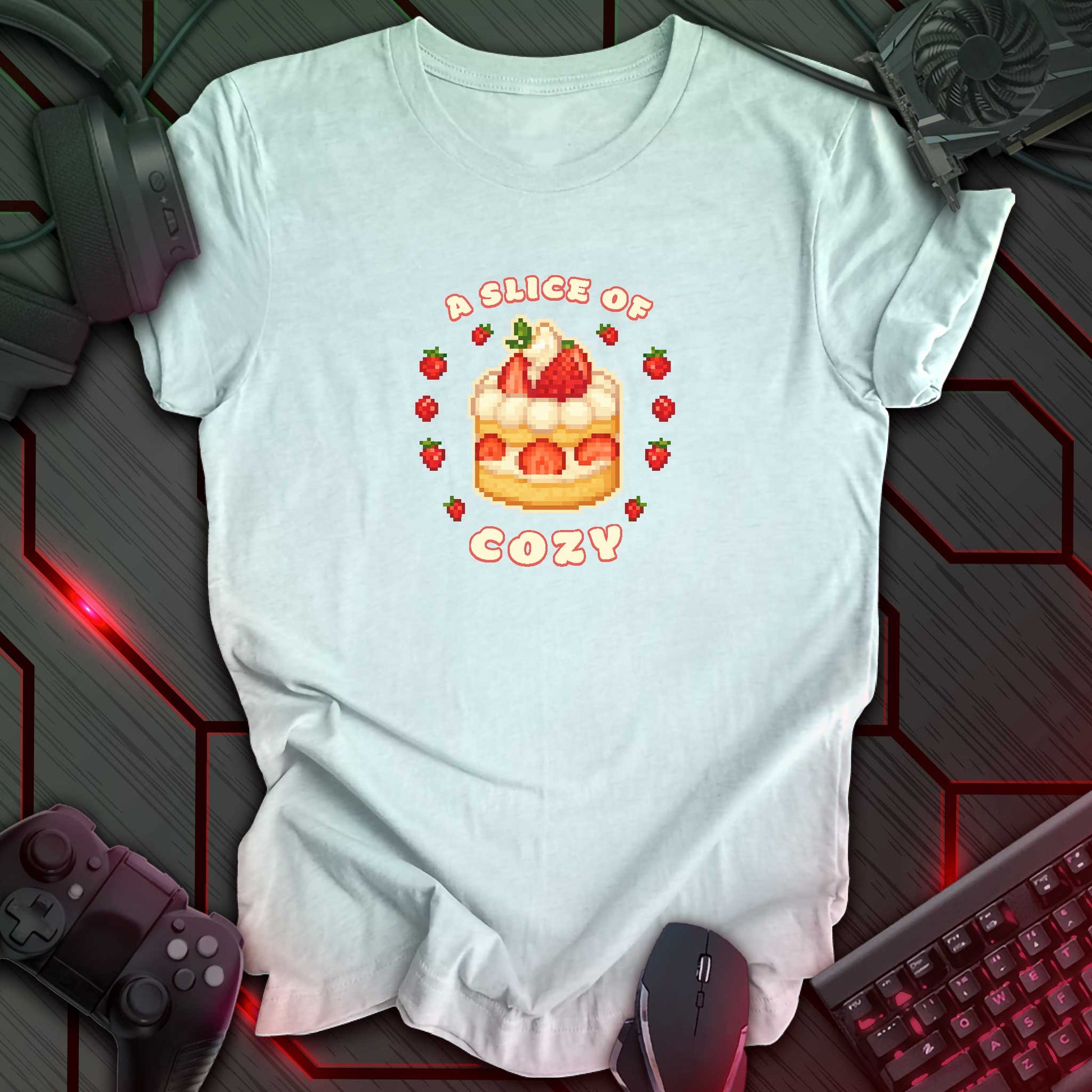 Pixel art strawberry shortcake surrounded by strawberries with text “A Slice of Cozy” in cute cozy gaming style. Heather Ice blue background.
