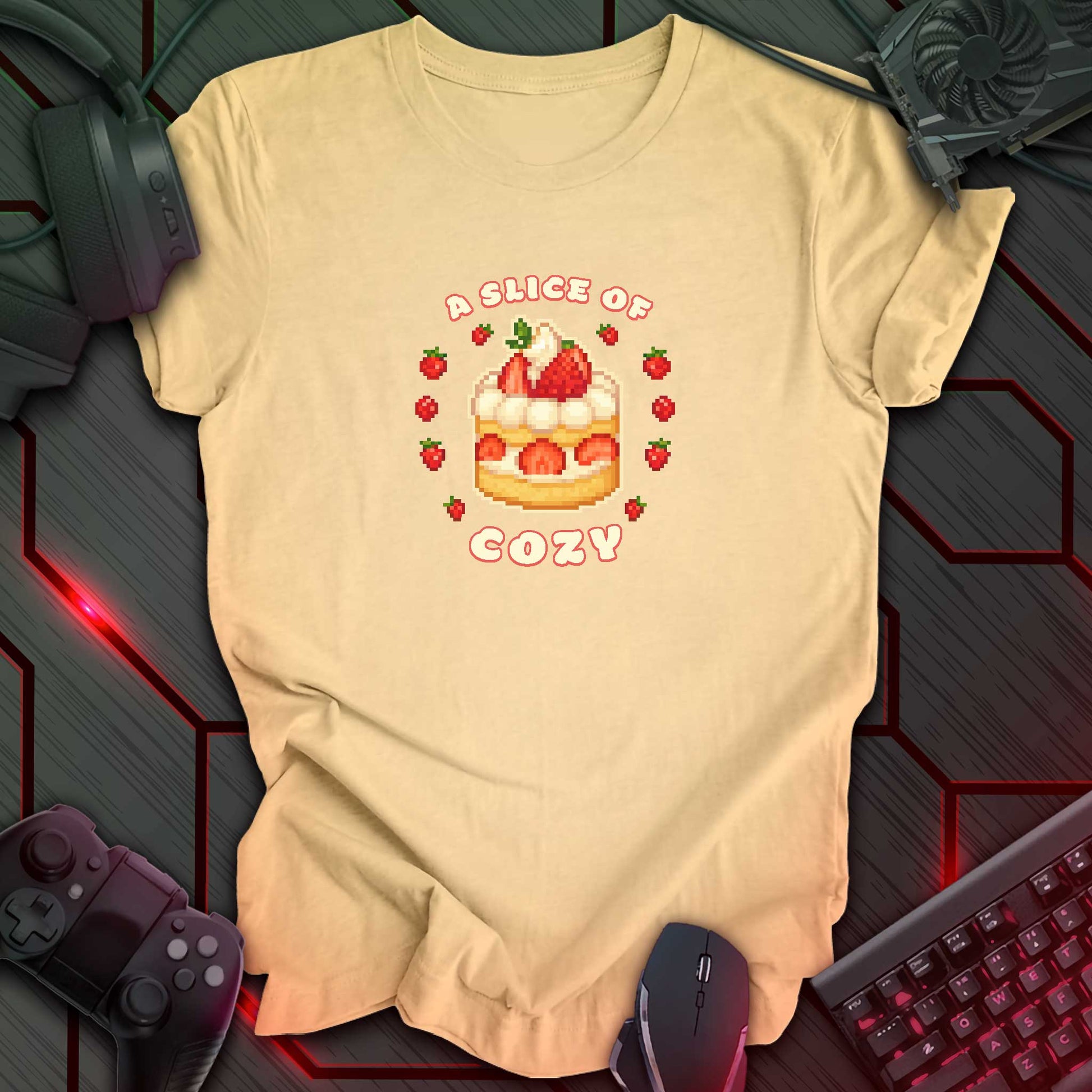 Pixel art strawberry shortcake surrounded by strawberries with text “A Slice of Cozy” in cute cozy gaming style. Soft Cream background.