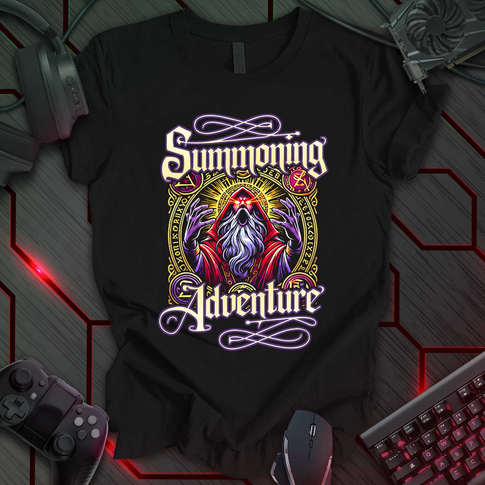 This t-shirt design, created for indie gamers and fantasy enthusiasts, features the words 'Summoning Adventure' in ornate lettering above and below a central image of a wizard with glowing red eyes. The wizard is surrounded by a circular, detailed border with various symbols and the text 'XORIXYO' and 'THE INDIE WALL'. This design resonates with those who enjoy role-playing games and fantasy themes within the indie gaming community.