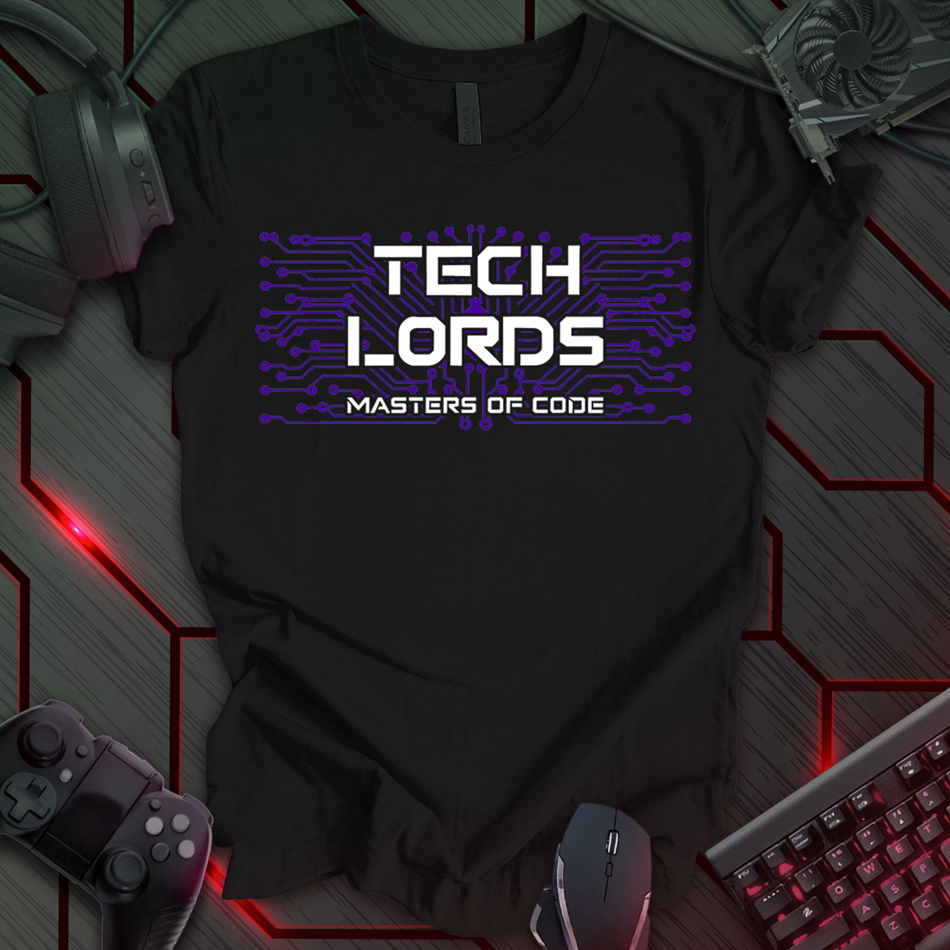 T-shirt design with purple circuit board graphic on black background. Bold white text "TECH LORDS" and "MASTERS OF CODE." Ideal for programmers, developers, and coders. Tech humor t-shirt, geek gift, computer science apparel. Keywords: coding t-shirt, programmer gift, software engineer shirt, developer tee, techie clothing, computer geek fashion.