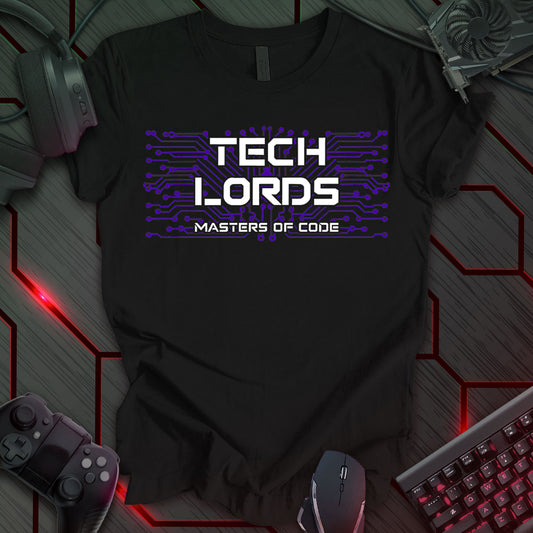 T-shirt design with purple circuit board graphic on black background. Bold white text "TECH LORDS" and "MASTERS OF CODE." Ideal for programmers, developers, and coders. Tech humor t-shirt, geek gift, computer science apparel. Keywords: coding t-shirt, programmer gift, software engineer shirt, developer tee, techie clothing, computer geek fashion.