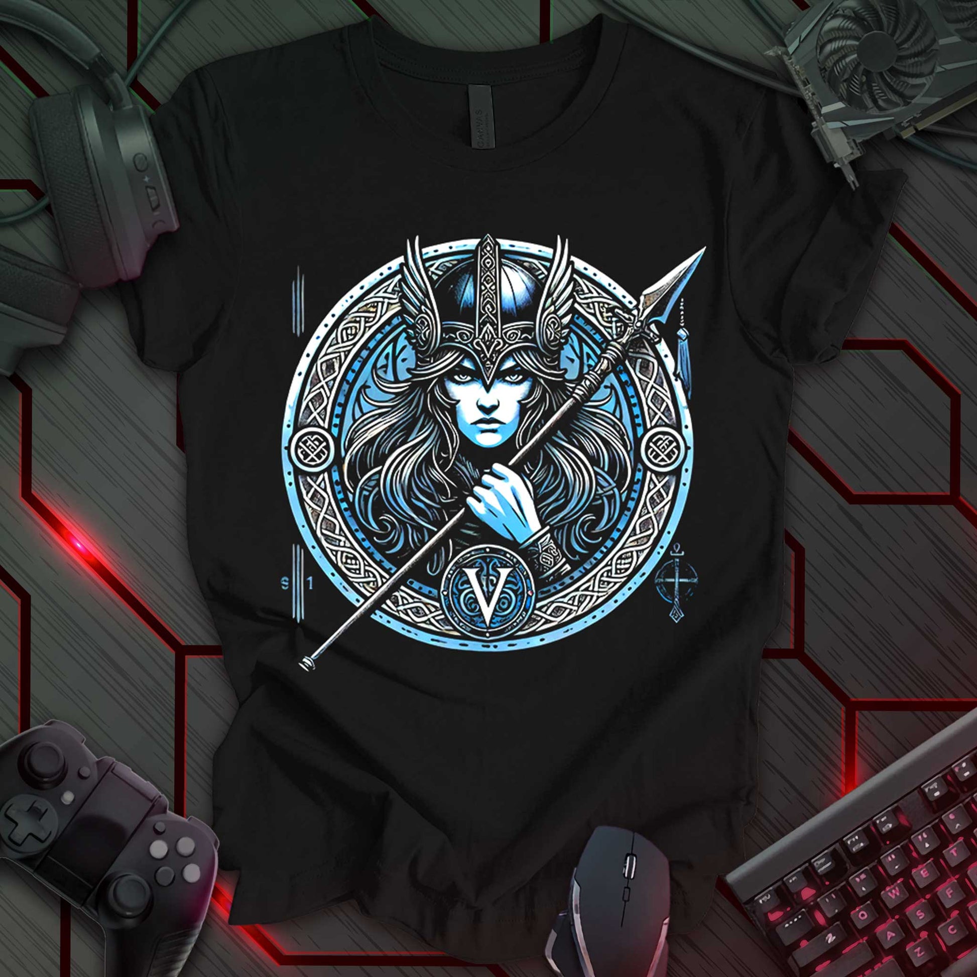 Illustration of a Valkyrie, depicted with long flowing hair, wearing a winged helmet and holding a spear. The Valkyrie is centered within a circular frame with intricate Celtic-style knotwork patterns. The illustration is rendered in shades of blue and white against a black background. The number '9' and '1' are visible in the top left corner, and a 'V' is visible at the bottom center of the frame.This is a Norse mythology-themed illustration of a Valkyrie.   
