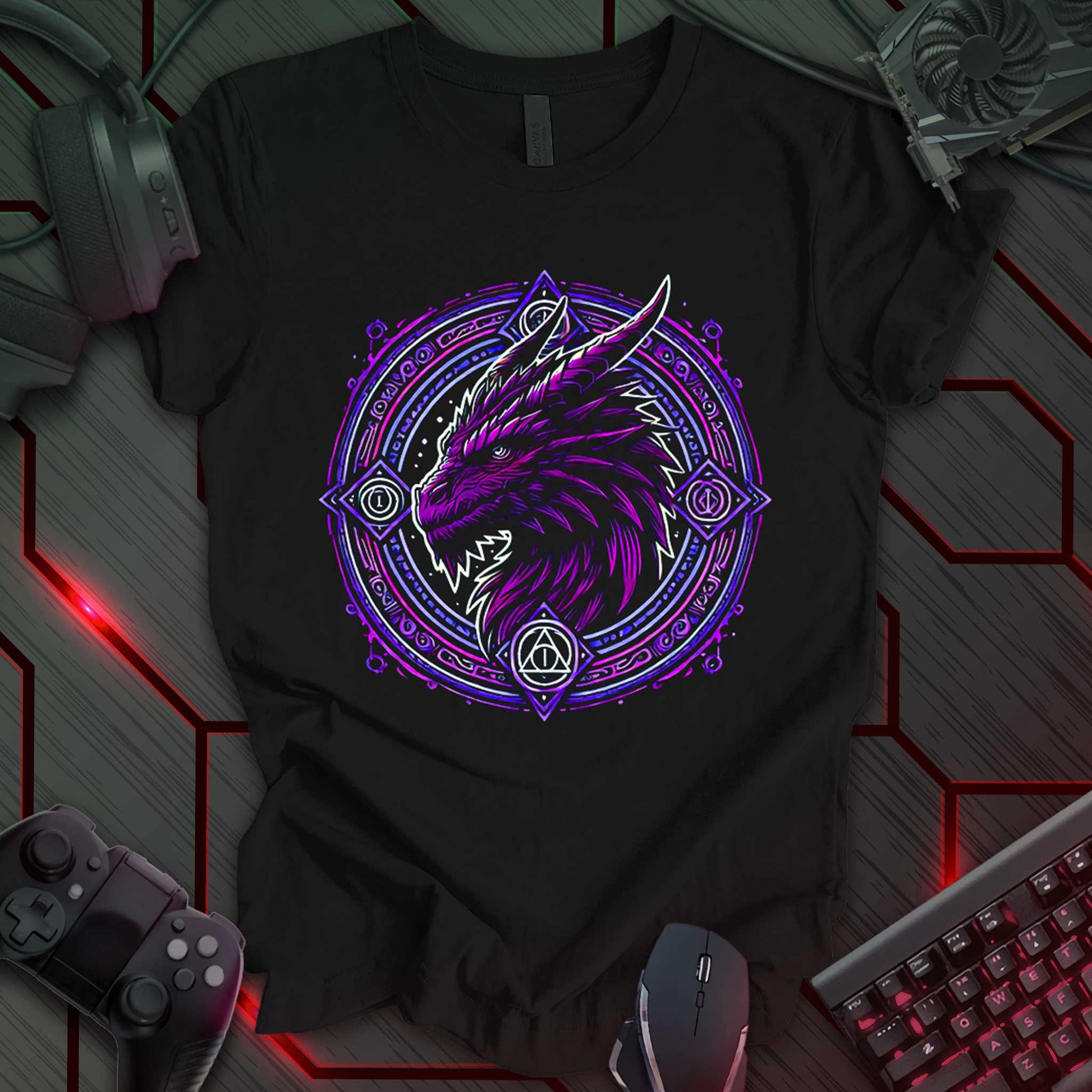 Black gaming t-shirt featuring a detailed portrait of a wise deep purple dragon. The dragon is framed within a circular design adorned with intricate magical symbols and ornate patterns, perfect for fantasy RPG and dragon lore enthusiasts.